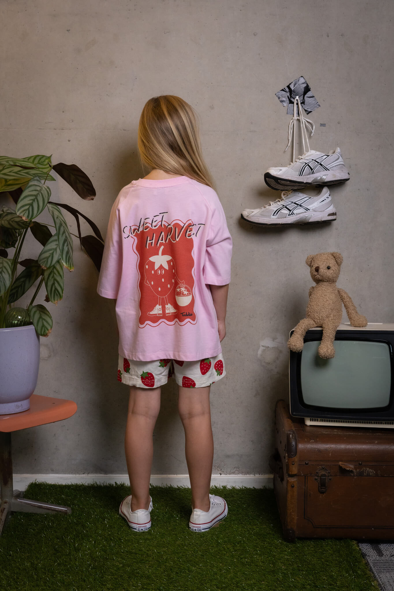Strawberry shorts with oversized pink tee 