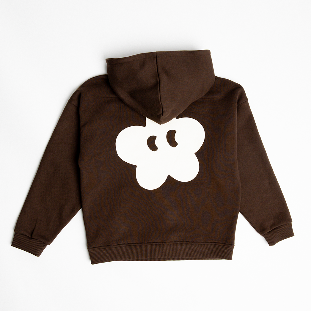 Toddie - Oversized Hoodie in brown with bold white flower logo on the back, made of heavyweight premium cotton.