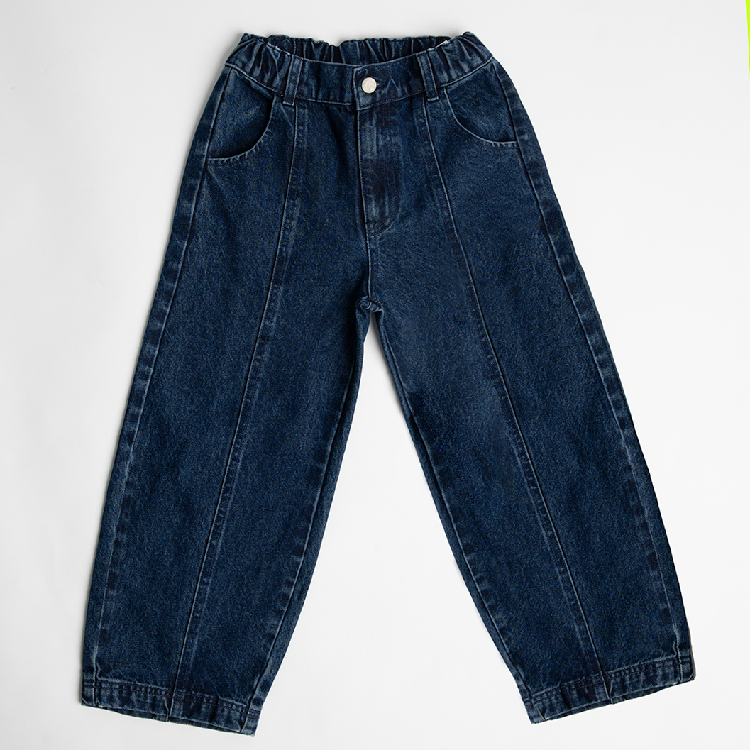 Balloon styled - Denim Jeans in dark blue with elastic waistband, balloon fit, and Toddie Cool embroidered back pocket.